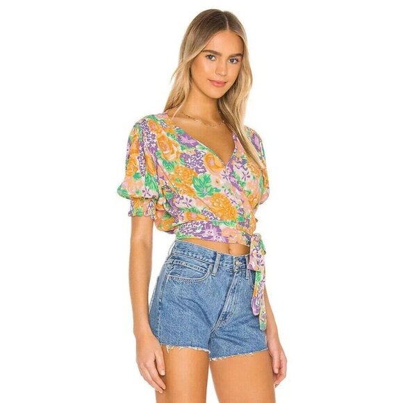FAITHFULL THE BRAND Ade Floral La Colle Top In Orange cropped Small A000568 - Picture 1 of 2